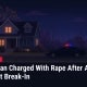 Fostoria News: illustration of a house at night with a police cruiser, with headline: Toledo Man Charged With Rape After Alleged Basement Break-In